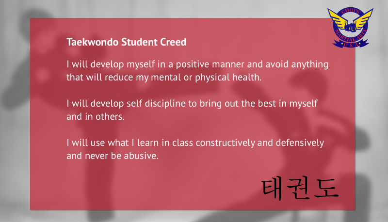 Student Creed - I will develop myself in a positive manner and avoid anything that will reduce my mental or physical health.
I will develop self discipline to bring out the best in myself and in others.
I will use what I learn in class constructively and defensively and never be abusive.